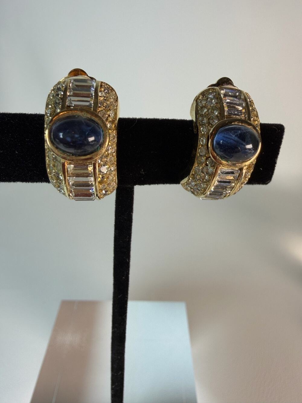 Vintage Christian Dior Germany Blue Cabochon Baguette Rhinestone Clip Earrings